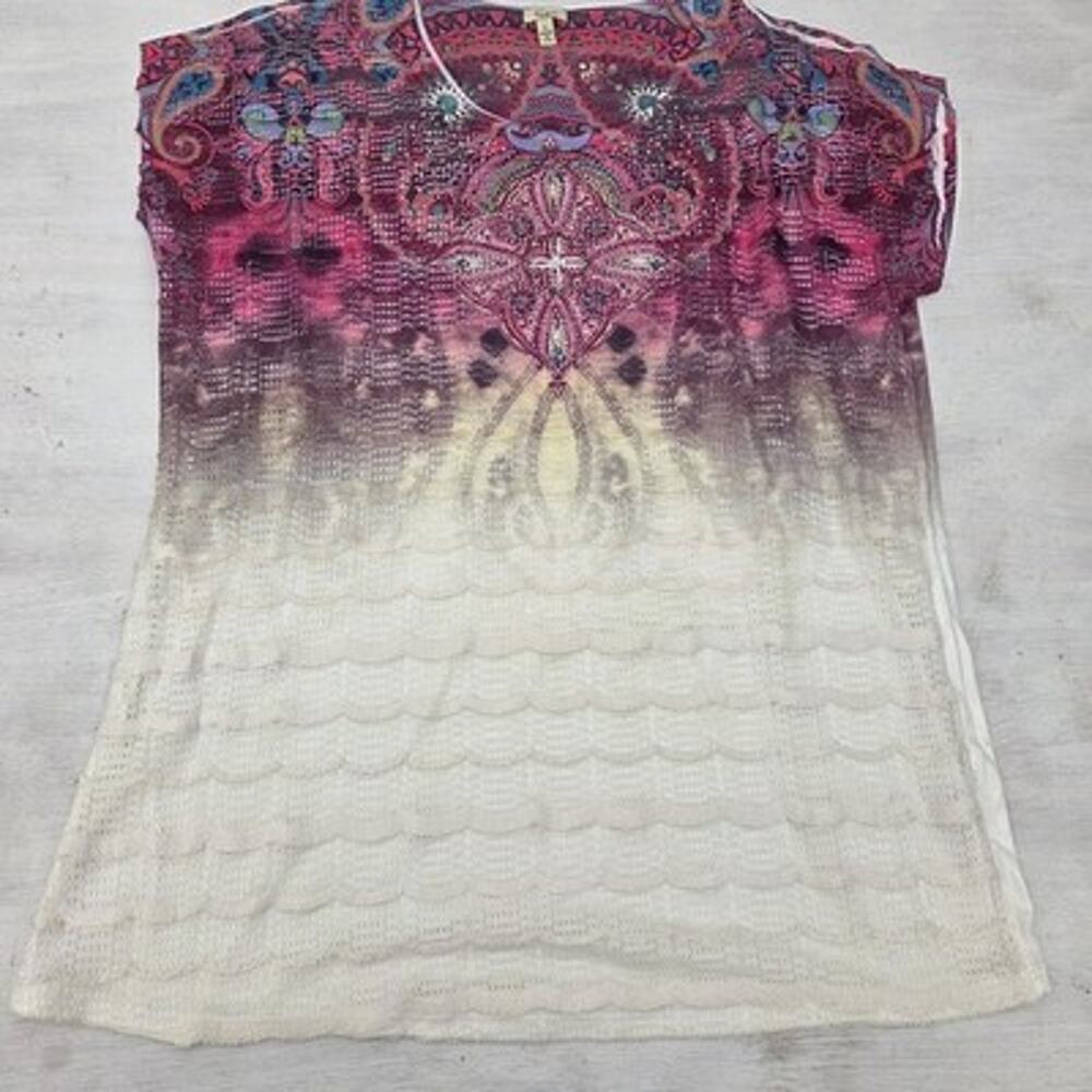 Reba Shirt Womens Large Blouse Paisley Ombre T-Shirt Cap Sleeve Western